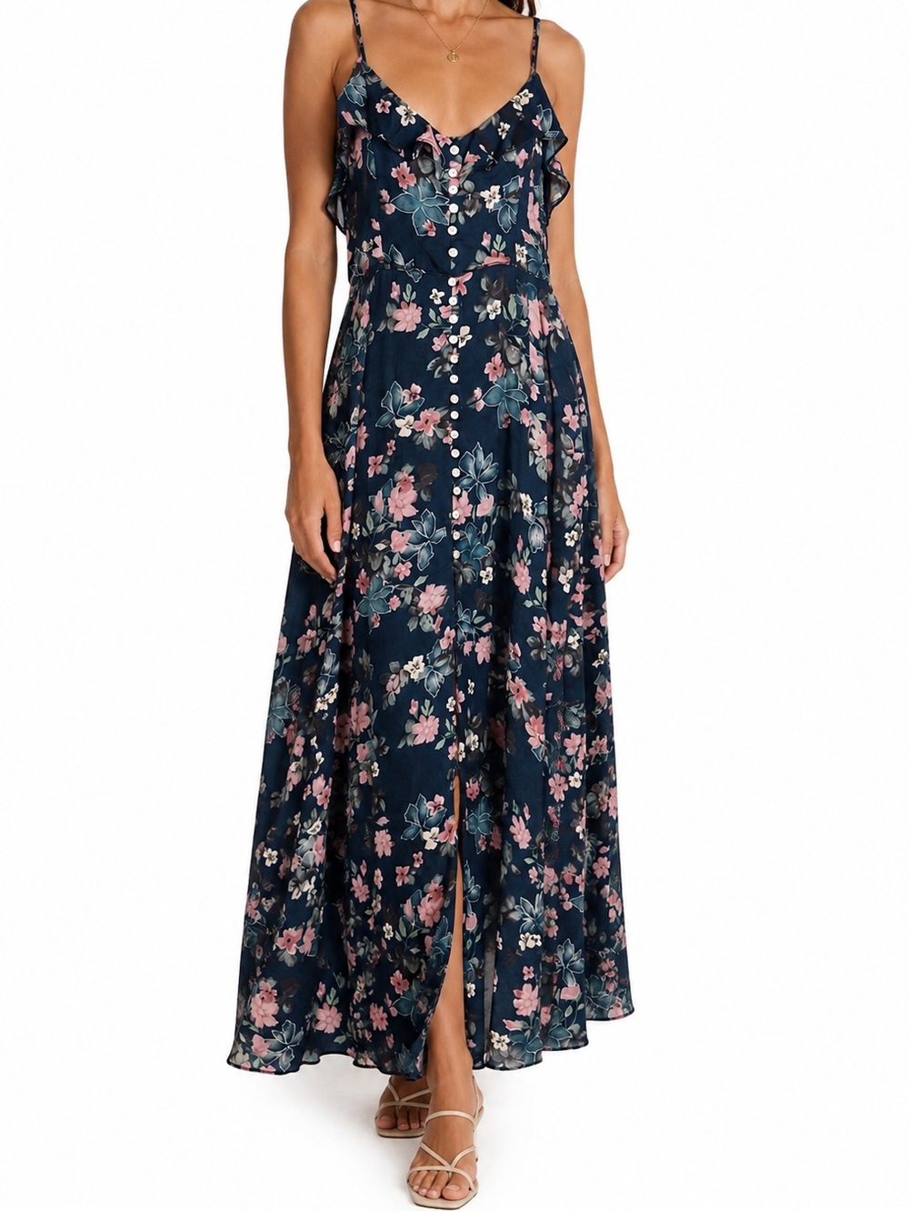 Olivia James Blue Floral Ruffle Maxi Dress Sz L Romantic Cottagecore Fairycore